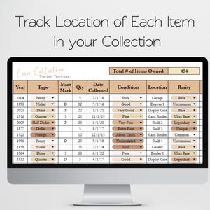 May include: A computer monitor displays a coin collection tracker template. The spreadsheet-style layout includes columns for year, type, mint mark, quantity, date collected, condition, location, and rarity. The text "Track Location of Each Item in your Collection" is at the top.
