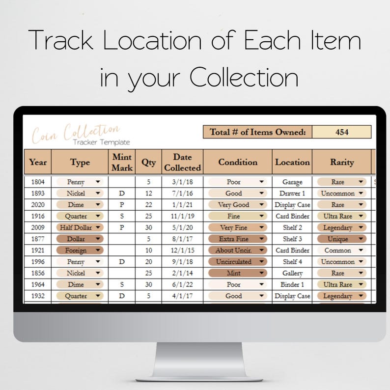 May include: A computer monitor displays a coin collection tracker template. The spreadsheet-style layout includes columns for year, type, mint mark, quantity, date collected, condition, location, and rarity. The text "Track Location of Each Item in your Collection" is at the top.