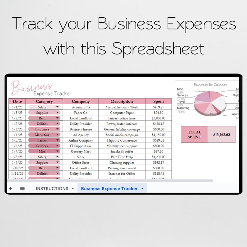Pode incluir: Uma planilha digital intitulada "Business Expense Tracker" com um cabe&ccedil;alho rosa. A planilha inclui colunas para data, categoria, empresa, descri&ccedil;&atilde;o e gastos. Um gr&aacute;fico de pizza mostra as despesas por categoria, e o total gasto &eacute; de $13.162,03.