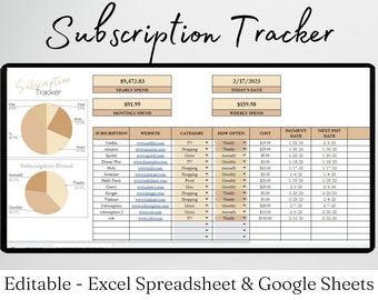 Monthly Subscription Tracker Google Sheets, Monthly Subscription Tracker Excel Template, Subscriptions Tracker Excel Spreadsheet Template