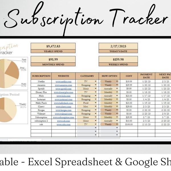 Monthly Subscription Tracker Google Sheets, Monthly Subscription Tracker Excel Template, Subscriptions Tracker Excel Spreadsheet Template