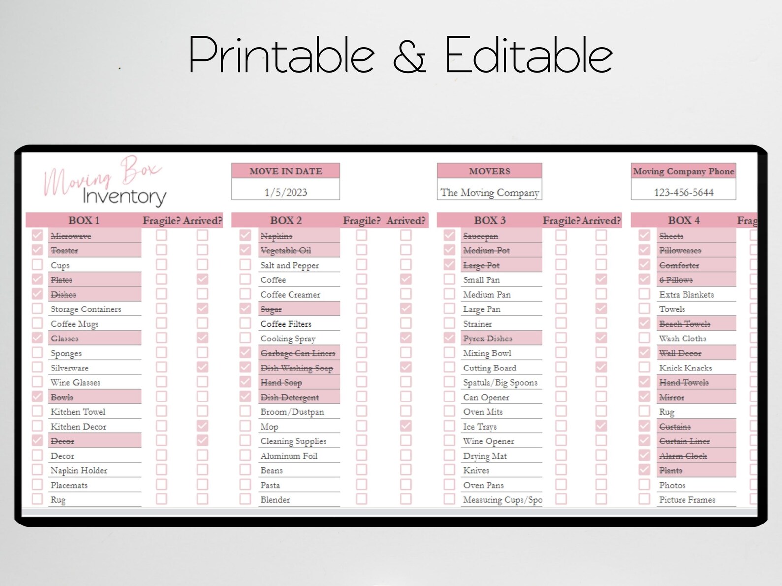 Moving Box Inventory Excel Spreadsheet, Organized Moving, Home