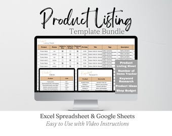 May include: A computer monitor displays a "Product Listing Template Bundle" with an Excel spreadsheet and Google Sheets. The screen shows a product listing sheet, keyword research, and product ideas. The text "Easy to Use with Video Instructions" is at the bottom.