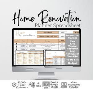 Home Improvement Planner Template, Home Remodel Planner Budget, Home Project Interior Design Google Sheets, Home Building, Excel Spreadsheet