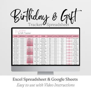 Excel-spreadsheet verjaardagstracker, tracker verjaardagscadeau Google Spreadsheets, verjaardagsplanner, organisator lijst verjaardag digitale tracker