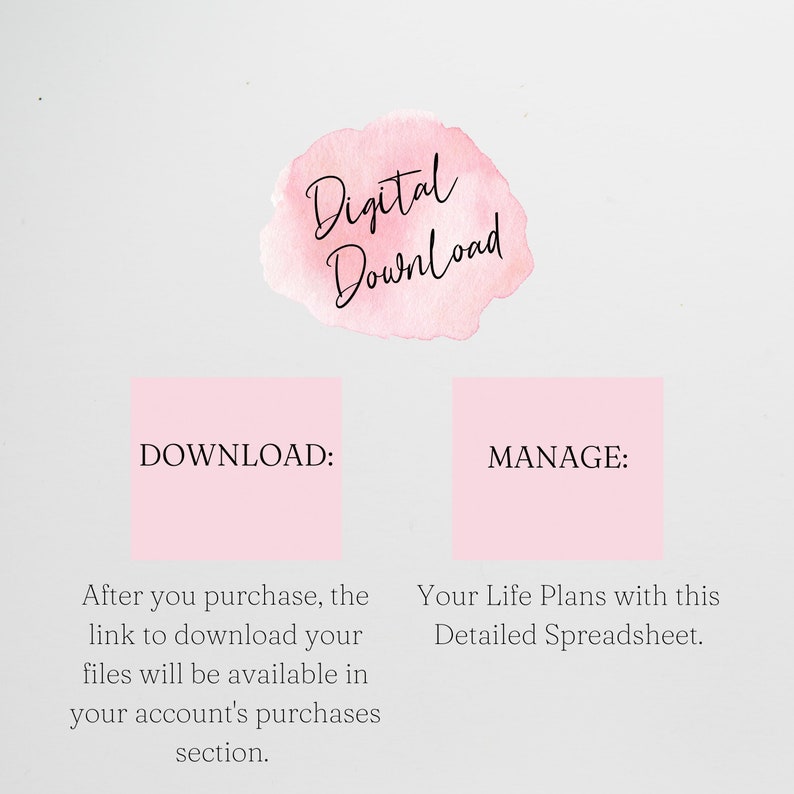 May include: A pink watercolor graphic with the text "Digital Download" in black. Below the graphic are two pink boxes with the text "DOWNLOAD:" and "MANAGE:" in black. The text below the boxes reads "After you purchase, the link to download your files will be available in your account's purchases section." and "Your Life Plans with this Detailed Spreadsheet."
