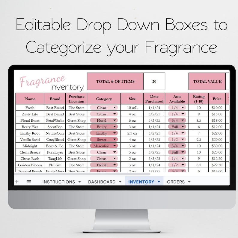 May include: A computer screen displaying a fragrance inventory spreadsheet. The spreadsheet includes columns for name, brand, category, size, and price. The text "Editable Drop Down Boxes to Categorize your Fragrance" is at the top.