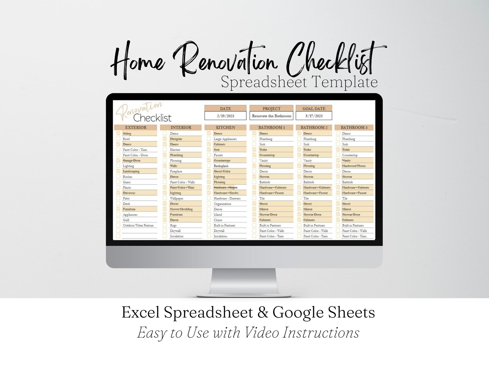 Home Renovation Spreadsheet, Home Remodel Checklist, Kitchen Renovation ...