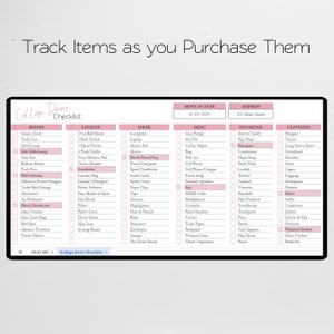 May include: A pink and white checklist for college dorm essentials. The checklist is divided into sections for room, linens, desk, misc, hygiene, and clothes. Each section has a list of items to purchase, with checkboxes next to each item. The checklist includes a move-in date of 8/19/2024 and an address of 123 Main Street.
