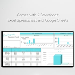 May include: A blue and white bookkeeping spreadsheet template with a chart showing income versus month and a table showing income, expenses, tax, and net for each month of the year. The spreadsheet also includes a chart showing total annual income and total annual expenses.