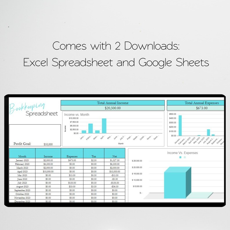 May include: A blue and white bookkeeping spreadsheet template with a chart showing income versus month and a table showing income, expenses, tax, and net for each month of the year. The spreadsheet also includes a chart showing total annual income and total annual expenses.