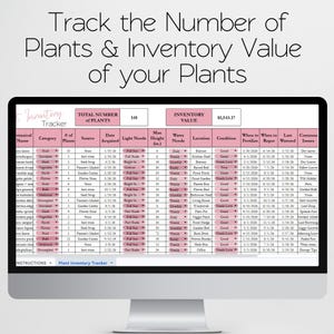 May include: A digital plant inventory tracker displayed on a computer monitor. The spreadsheet features columns for botanical name, category, plant count, source, date acquired, light needs, max height in inches, water needs, location, and condition.