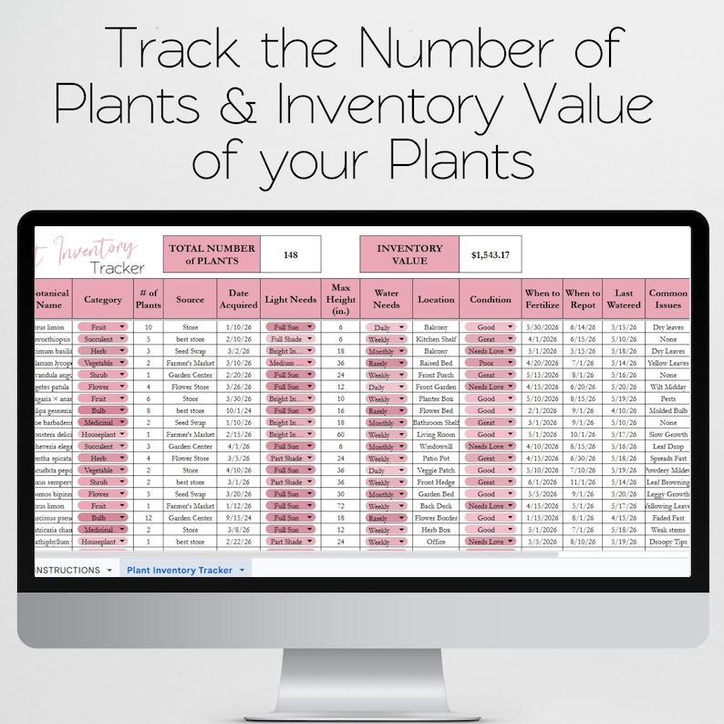 May include: A digital plant inventory tracker displayed on a computer monitor. The spreadsheet features columns for botanical name, category, plant count, source, date acquired, light needs, max height in inches, water needs, location, and condition.