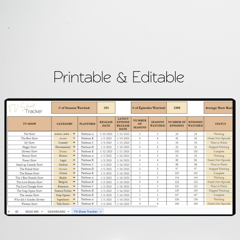 May include: A printable and editable TV show tracker with a list of TV shows, categories, platforms, release dates, latest episode release dates, number of seasons, seasons watched, number of episodes, episodes watched, and status. The tracker is designed to help users keep track of their favorite TV shows.