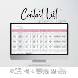 May include: A computer monitor displaying a digital contact list spreadsheet template with pink headers. The screen shows columns for name, category, address, city, state, zip, phone, email, website, social media, and birthday. Text includes Contact List.