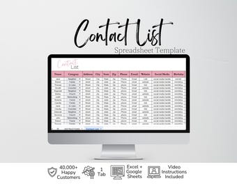 Contact List Template Excel Spreadsheet, Contact List Google Sheet, Contacts List, Contact Information, Contact Sheet, Contact Book Digital