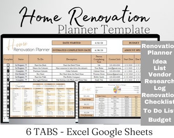 Home Improvement Planner Template, Home Remodel Planner Budget, Home Project Interior Design Google Sheets, Home Building, Excel Spreadsheet