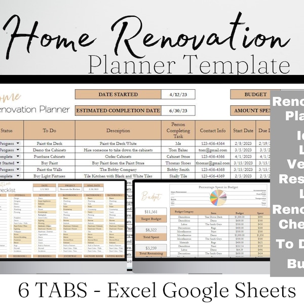 Home Improvement Planner Template, Home Remodel Planner Budget, Home Project Interior Design Google Sheets, Home Building, Excel Spreadsheet