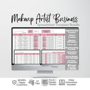 Può includere: Un monitor di computer che mostra un pacchetto di modelli di fogli di calcolo per truccatori. Lo schermo visualizza un tracker degli appuntamenti con intestazioni rosa, insieme a un elenco di funzionalità tra cui tracker clienti e contabilità.