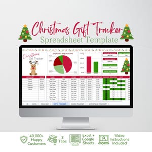 Può includere: Un monitor di computer che mostra un modello di foglio di calcolo Christmas Gift Tracker con una combinazione di colori rosso e verde, con un grafico a torta, un grafico a barre e tabelle per monitorare le spese, il budget e lo stato dei regali.
