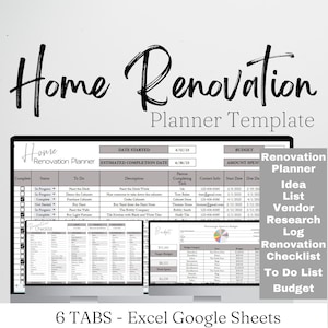 Home Renovation Checklist, Home Renovation Spreadsheet, Remodel Checklist, Kitchen Remodel, Bathroom Remodel, Interior Design Excel Google