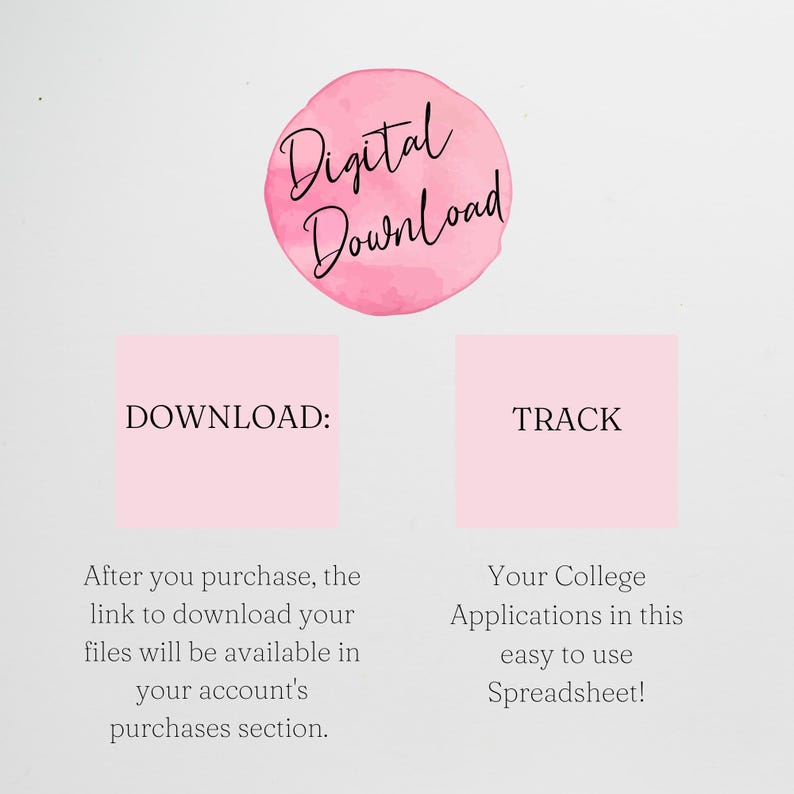 May include: A digital download graphic featuring a pink watercolor circle with the text Digital Download. Below are two pink squares labeled DOWNLOAD and TRACK, with text explaining how to access files and track college applications in a spreadsheet.