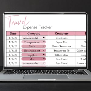 May include: A laptop displays a pink and white travel expense tracker. The spreadsheet includes columns for date, category, and company, with sample entries like "Accommodations" and "Best Hotel."