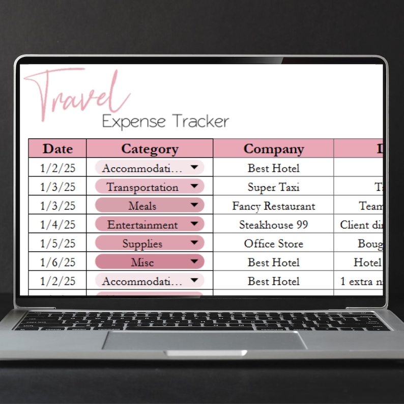 May include: A laptop displays a pink and white travel expense tracker. The spreadsheet includes columns for date, category, and company, with sample entries like "Accommodations" and "Best Hotel."
