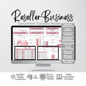 Peut inclure: Un écran d'ordinateur affichant un ensemble de modèles de feuilles de calcul pour entreprise de revente avec des graphiques, des tableaux et des diagrammes roses et blancs. Une barre latérale liste les outils de suivi des commandes, stocks et revenus.