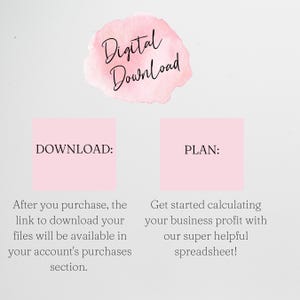 May include: A digital download graphic featuring a pink watercolor splash with the text Digital Download. Below are two pink squares labeled DOWNLOAD and PLAN, with instructions on accessing files and using a business profit spreadsheet.