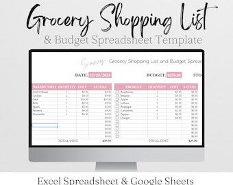 Grocery Budget Spreadsheet, Grocery Shopping List Template Groceries List Excel Grocery List Template, Grocery List Printable Planner Google