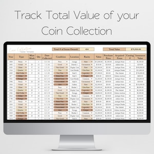May include: A computer monitor displays a coin collection tracker template. The spreadsheet shows details like year, type, mint mark, quantity, condition, and value, with a total value of $79,950.00.