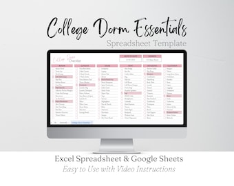 College Dorm Room Essentials Checklist Template Google Sheets, Dorm Checklist, Dorm Essentials Packing Checklist, College Supplies Apartment