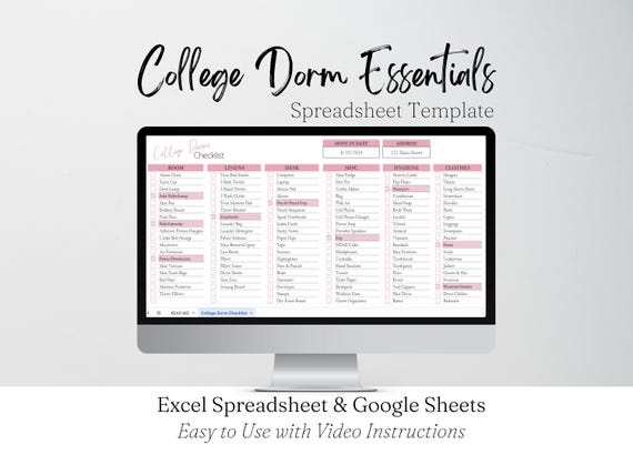 College Dorm Room Essentials Checklist Template Google Sheets, Dorm Checklist, Dorm Essentials Packing Checklist, College Supplies Apartment
