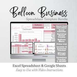以下が含まれることがあります： パソコンモニターには、風船ビジネス用のスプレッドシートテンプレートバンドルが表示されています。画面には、「Balloon Business Dashboard」と「Balloon Menu」というテキストが表示されたピンク色のグラフと表が表示されています。「Excel Spreadsheet & Google Sheets」というテキストも表示されています。