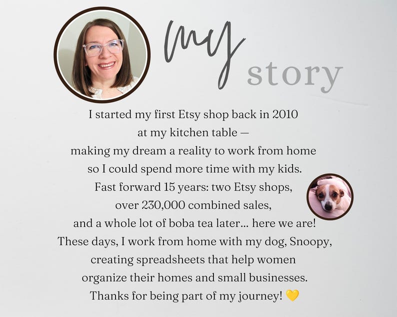 May include: A graphic featuring the text 'my story' and a narrative about an Etsy shop owner's journey since 2010. It includes a circular portrait of a person with glasses, a circular photo of a dog named Snoopy, and a yellow heart emoji at the end.