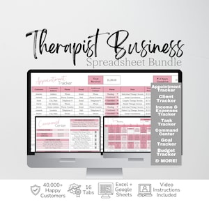 Pode incluir: Um pacote de planilhas digitais para terapeutas exibido em um monitor de computador. A interface apresenta tabelas em rosa e branco para rastreamento de agendamentos, clientes e receitas. O texto inclui: Therapist Business Spreadsheet Bundle.