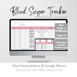 May include: A computer monitor displays a blood sugar tracker spreadsheet template. The spreadsheet is pink and white, with columns for date, time, BG, result, food, and carbs. Text on the screen reads "Blood Sugar Tracker" and "For Type 1 & 2 Diabetes."