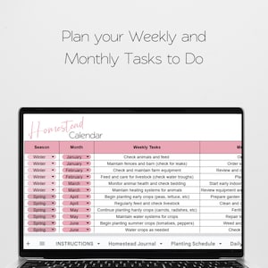 May include: A printable homestead calendar with a pink and white colour scheme. The calendar lists monthly tasks for a homestead, including weekly tasks, such as checking animals and maintaining fences, and monthly tasks, such as ordering seeds and preparing the garden.