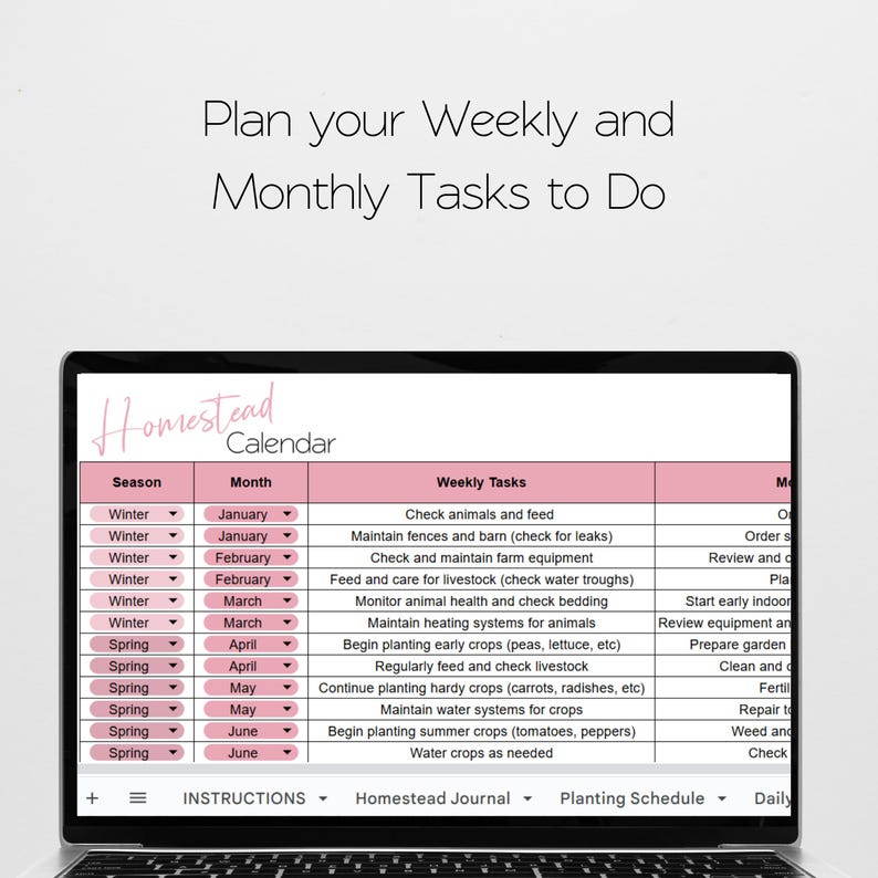 May include: A printable homestead calendar with a pink and white colour scheme. The calendar lists monthly tasks for a homestead, including weekly tasks, such as checking animals and maintaining fences, and monthly tasks, such as ordering seeds and preparing the garden.