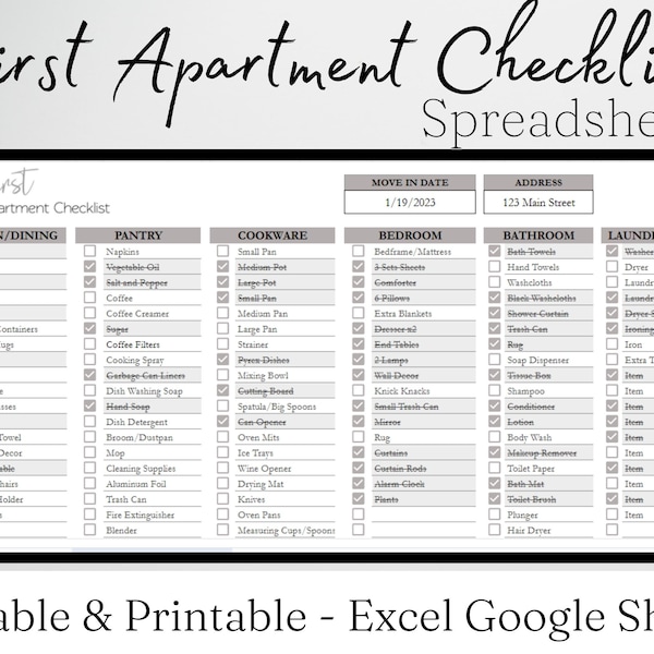 Neue Wohnung Checkliste Planner Vorlage Excel Tabelle, Erste Wohnung Einrichtungsliste Google Sheets, Digitale Checkliste College Paar