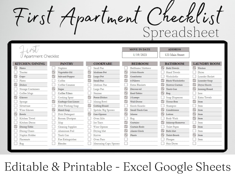 New Apartment Checklist Planner Template Excel Spreadsheet, First