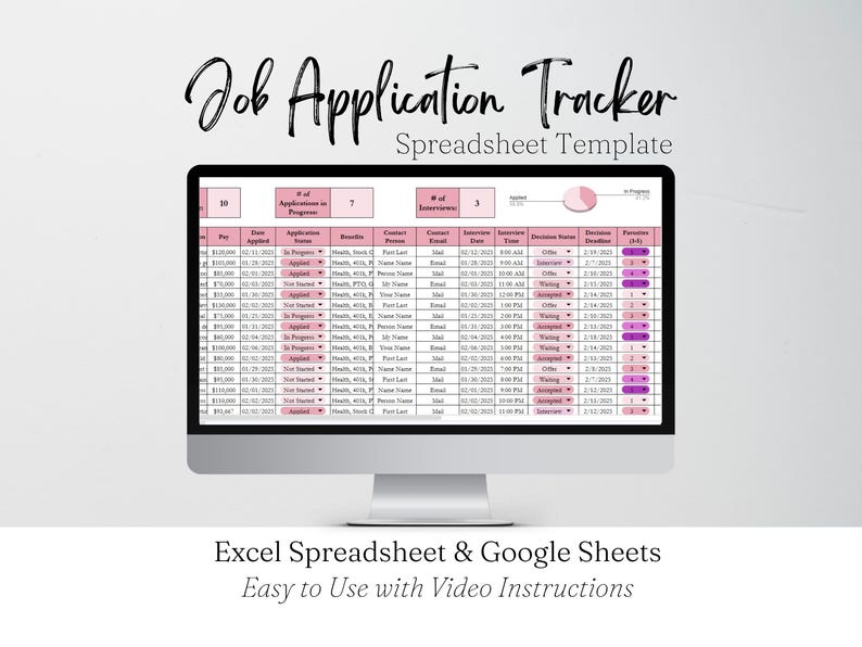 May include: A computer monitor displays a spreadsheet titled "Job Application Tracker." The spreadsheet template is in pink and white, with data fields for pay, application status, and interview details. The text "Excel Spreadsheet & Google Sheets" is visible.