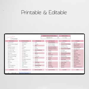 May include: A printable decluttering checklist with a pink and white color scheme. The checklist is divided into different areas of the home, such as the kitchen, living room, bedroom, bathroom, office, and other. Each area has a list of items to declutter, such as expired food, broken decor, old clothes, unused makeup, notebooks, and car trash. The checklist also includes a goal date for decluttering.