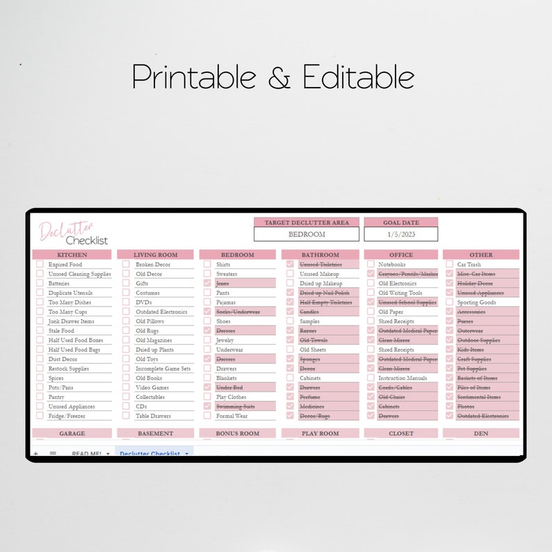 May include: A printable decluttering checklist with a pink and white color scheme. The checklist is divided into different areas of the home, such as the kitchen, living room, bedroom, bathroom, office, and other. Each area has a list of items to declutter, such as expired food, broken decor, old clothes, unused makeup, notebooks, and car trash. The checklist also includes a goal date for decluttering.