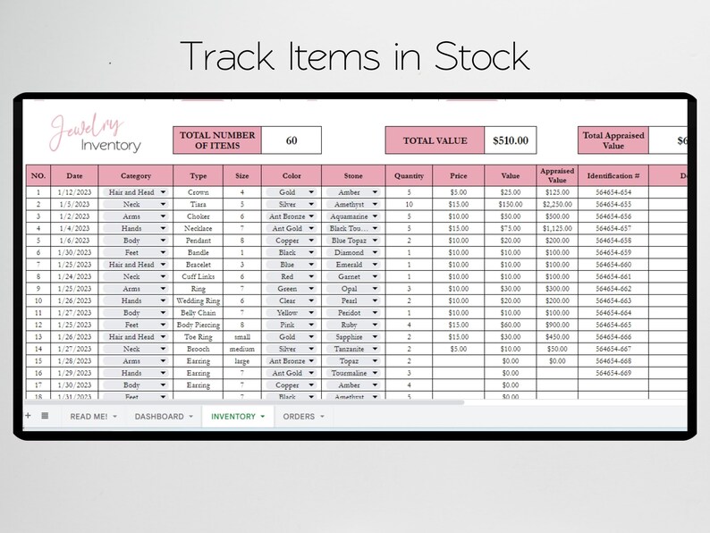 Jewelry Inventory Tracker, Jewelry Making Planner List Excel Spreadsheet Log Jewelry Inventory