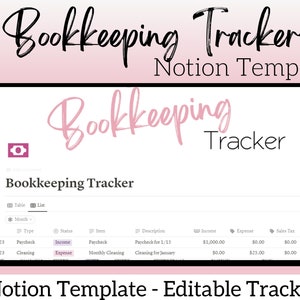 May include: A digital bookkeeping template for Notion, featuring a pink and white design. The image displays a spreadsheet layout with columns for date, type, status, item, description, income, expense, sales tax, and notes. Text includes "Bookkeeping Tracker" and "Notion Template".