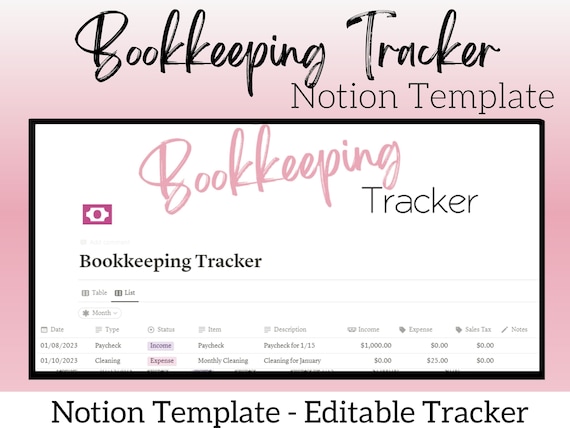 Notion Bookkeeping Template, Notion Template Business Bookkeeping Tracker Template, Income and Expenses Notion Template, Small Business