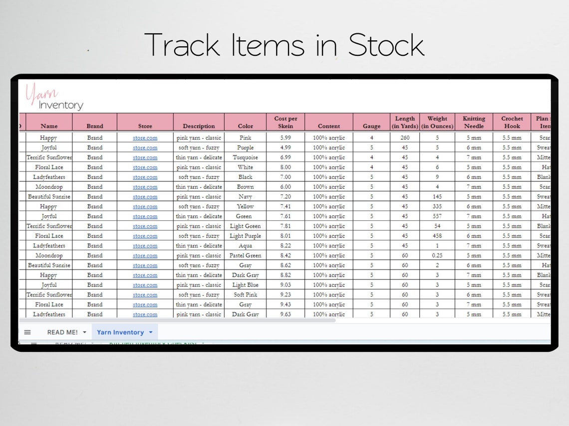 Yarn Inventory Tracker Excel Spreadsheet Yarn Organizer Etsy