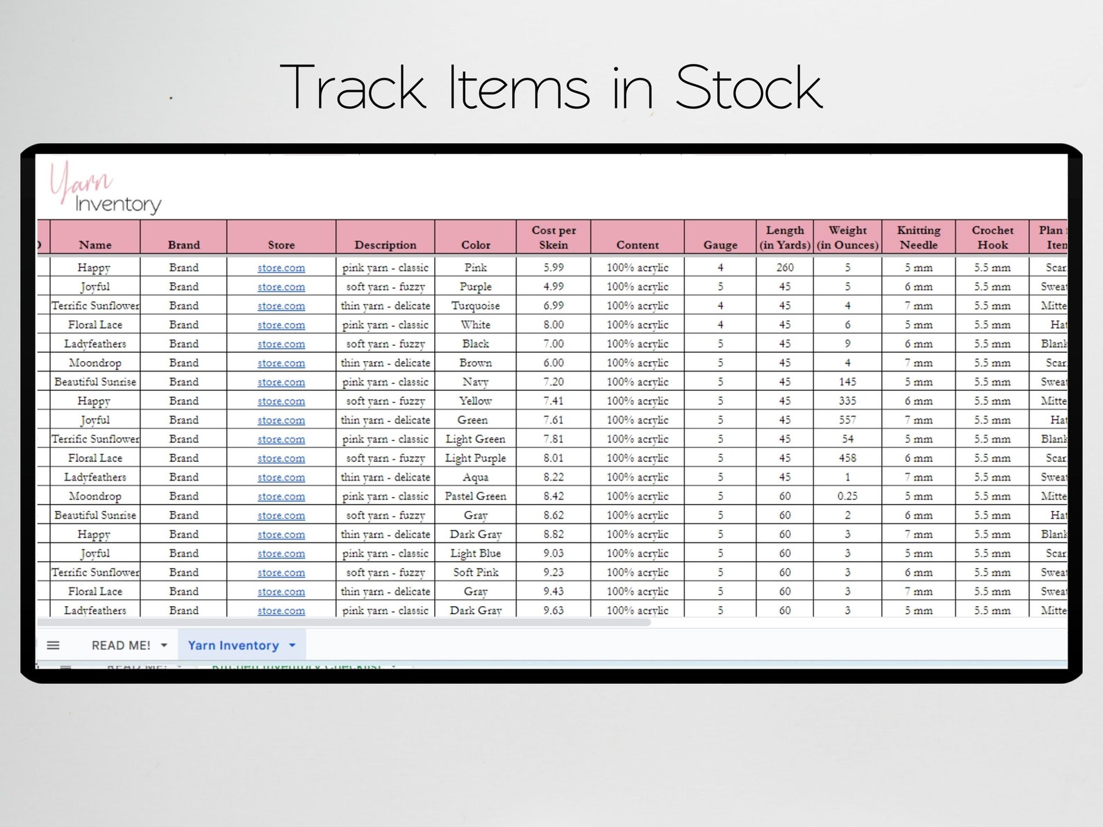 Yarn Inventory Tracker Excel Spreadsheet Yarn Organizer Etsy